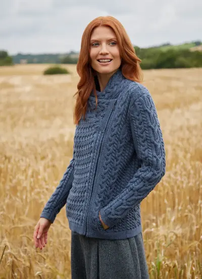 Alannah Biker Jacket in Blue Melange Cable Basketweave Stitch